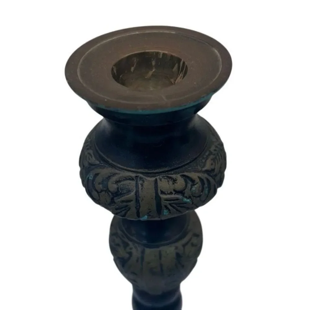 Vtg Made In India Pillar Candlestick Holder Green & Gray Footed Verdigris Trim
